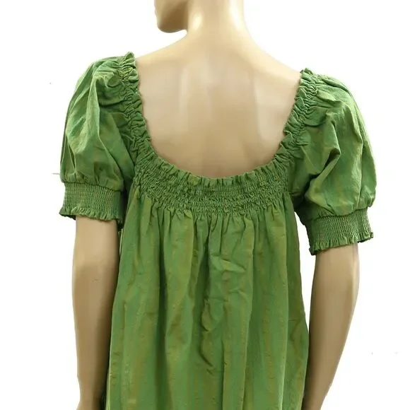 Free People Est Mila Mini Dress Smocked Puff Sleeve Shift Grasshopper L 285433 - Picture 6 of 8